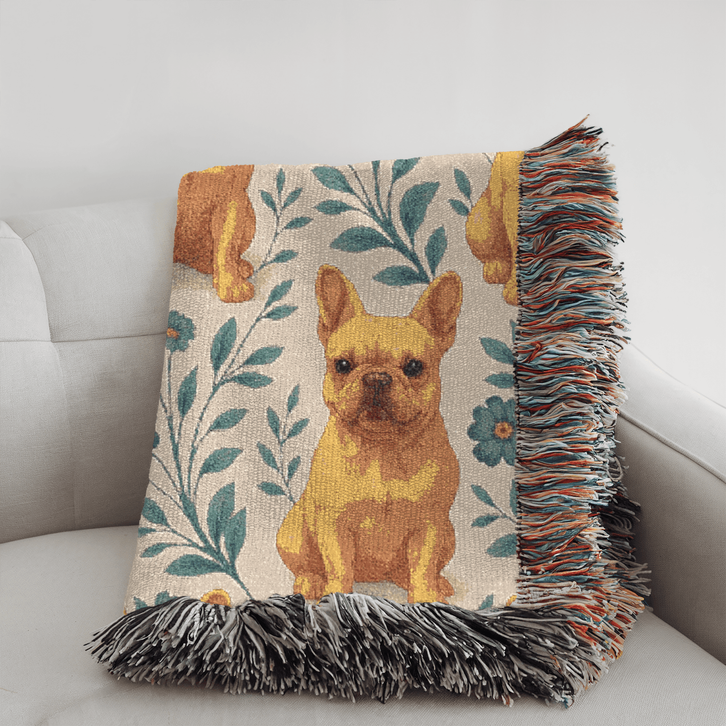Printify Blanket Fawn French Bulldog Blue Floral Throw Blanket