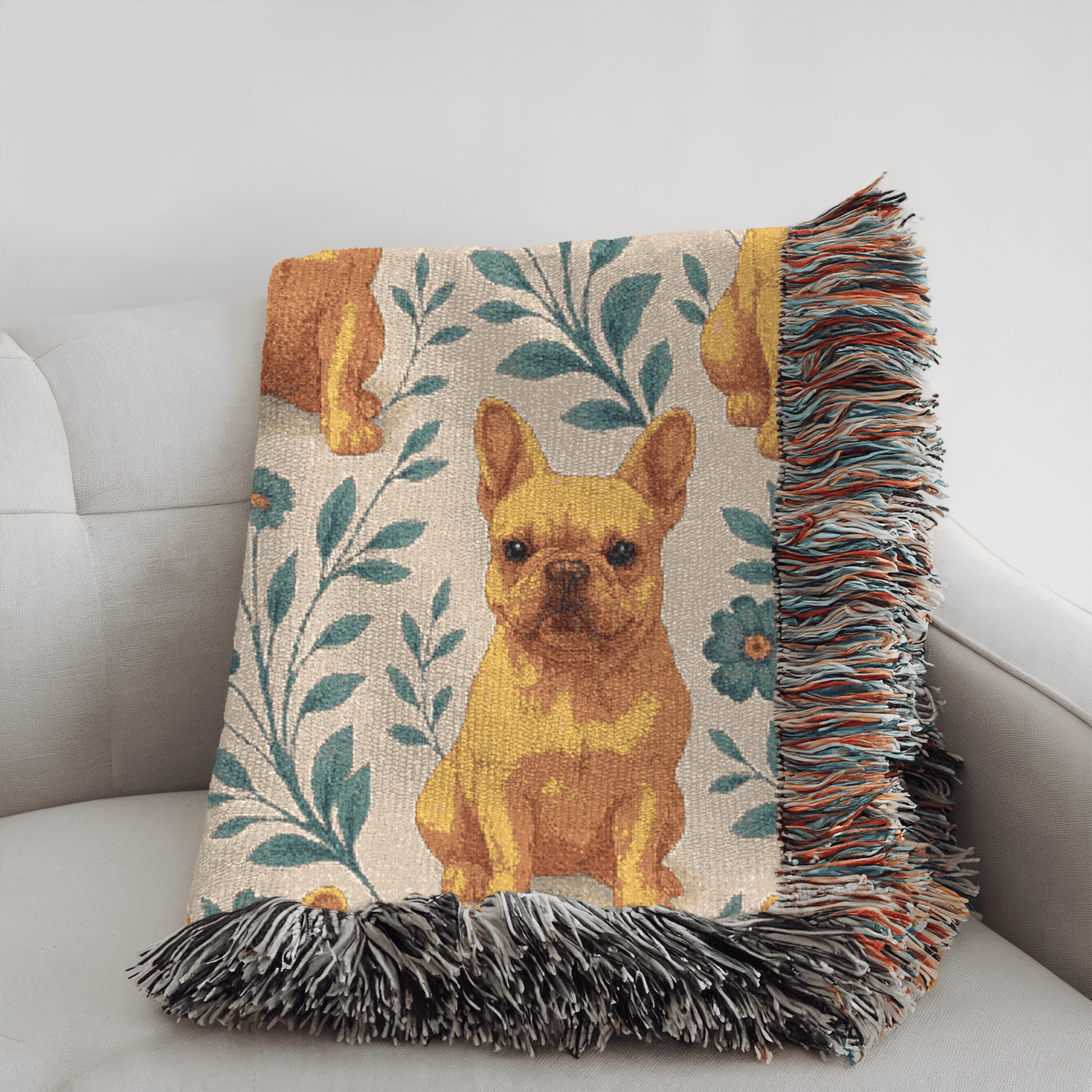 Printify Blanket Fawn French Bulldog Blue Floral Throw Blanket