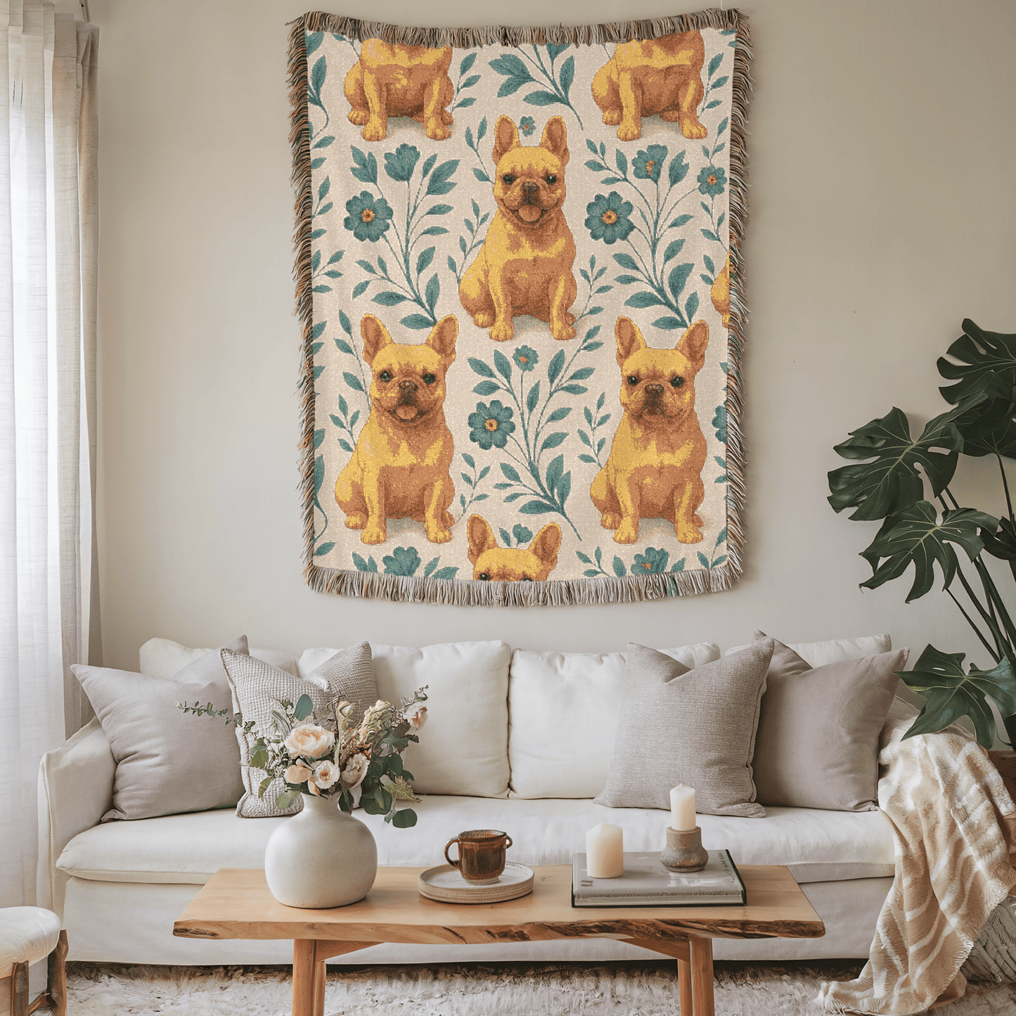 Printify Blanket Fawn French Bulldog Blue Floral Throw Blanket