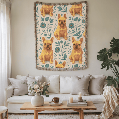 Printify Blanket Fawn French Bulldog Blue Floral Throw Blanket