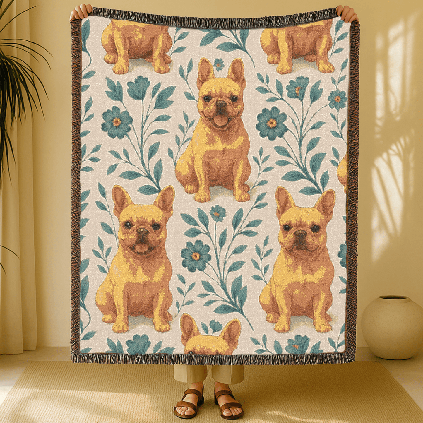 Printify Blanket Fawn French Bulldog Blue Floral Throw Blanket
