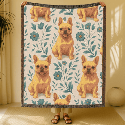 Printify Blanket Fawn French Bulldog Blue Floral Throw Blanket