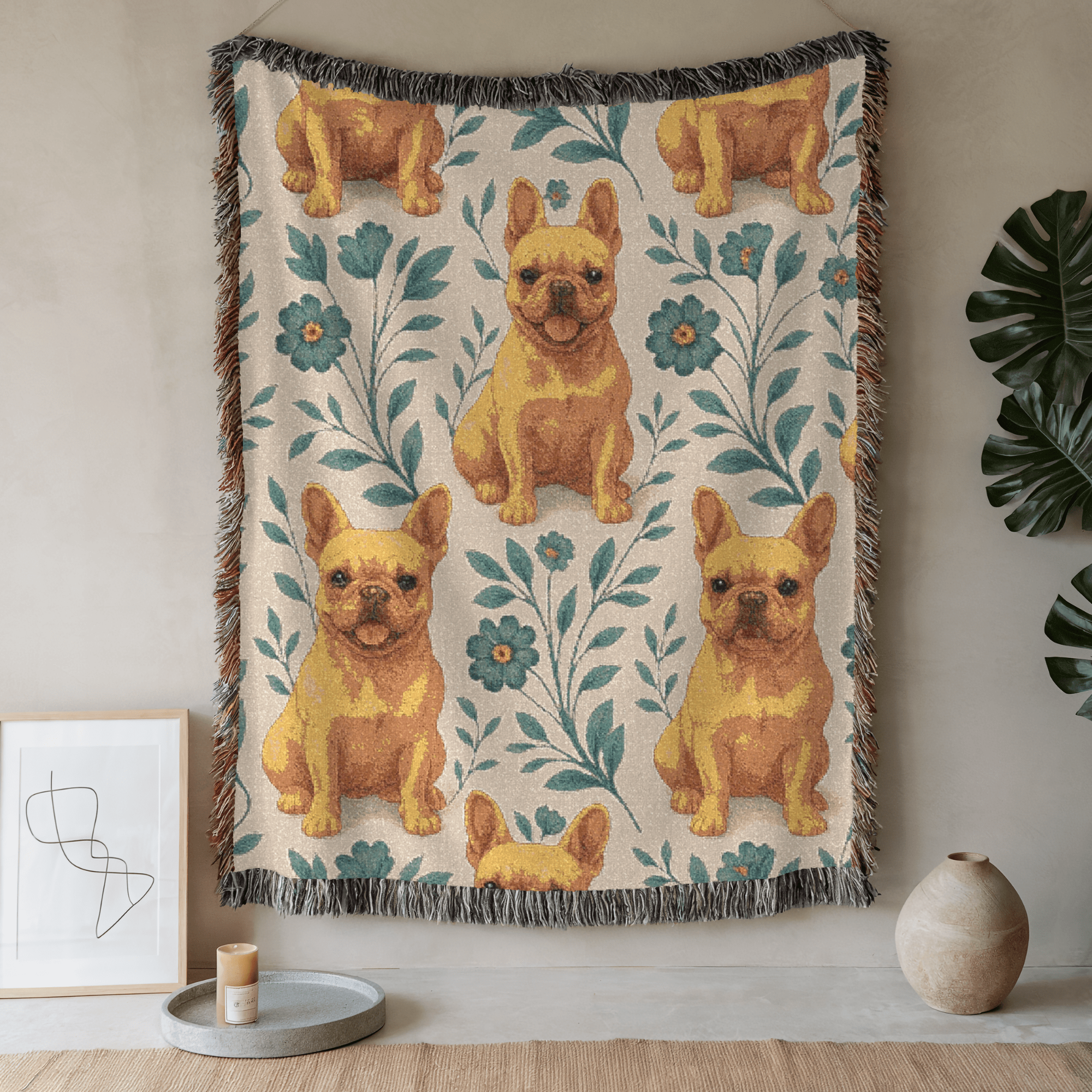 Printify Blanket 52'' × 37'' Fawn French Bulldog Blue Floral Throw Blanket