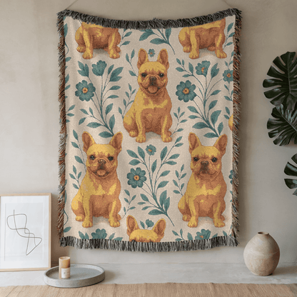 Printify Blanket 52'' × 37'' Fawn French Bulldog Blue Floral Throw Blanket