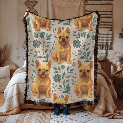 Printify Blanket Fawn French Bulldog Blue Floral Throw Blanket