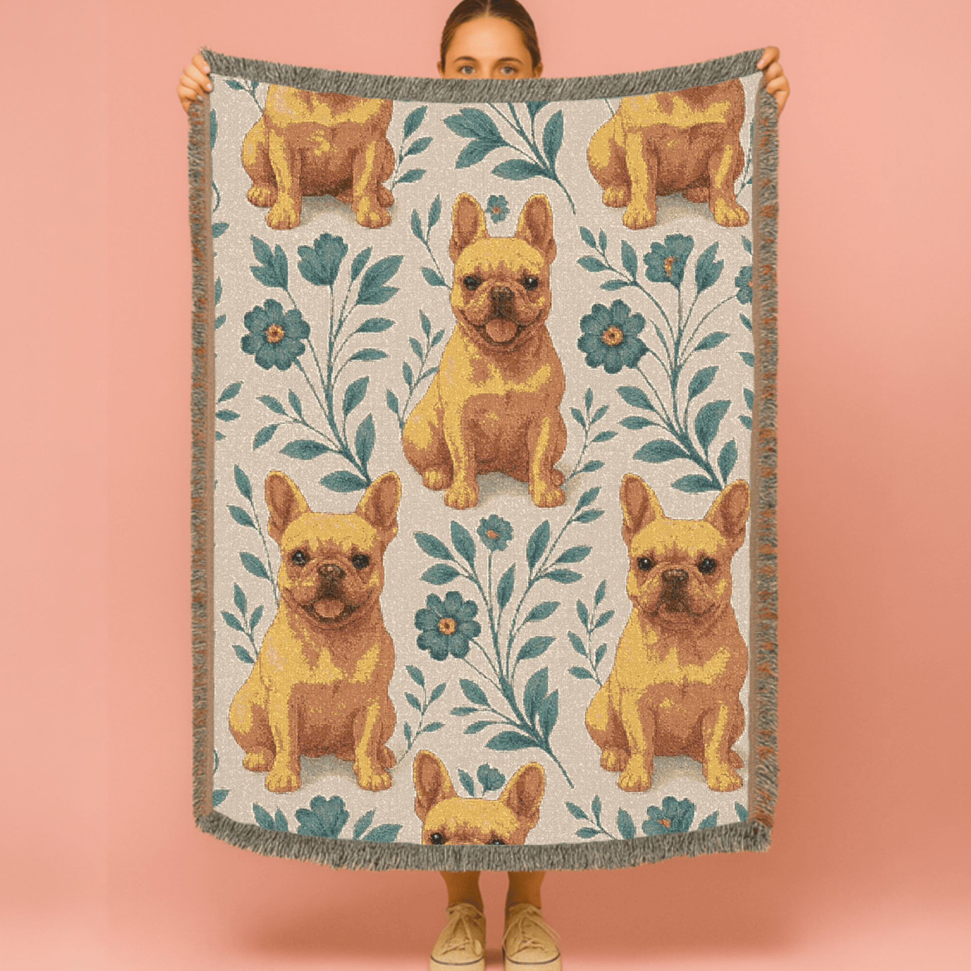 Printify Blanket Fawn French Bulldog Blue Floral Throw Blanket