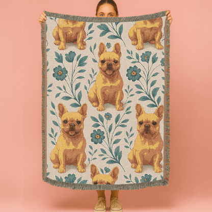 Printify Blanket Fawn French Bulldog Blue Floral Throw Blanket