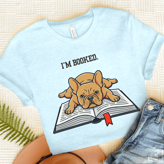 Fawn French Bulldog Booked Up Unisex TShirt Heather Ice Blue