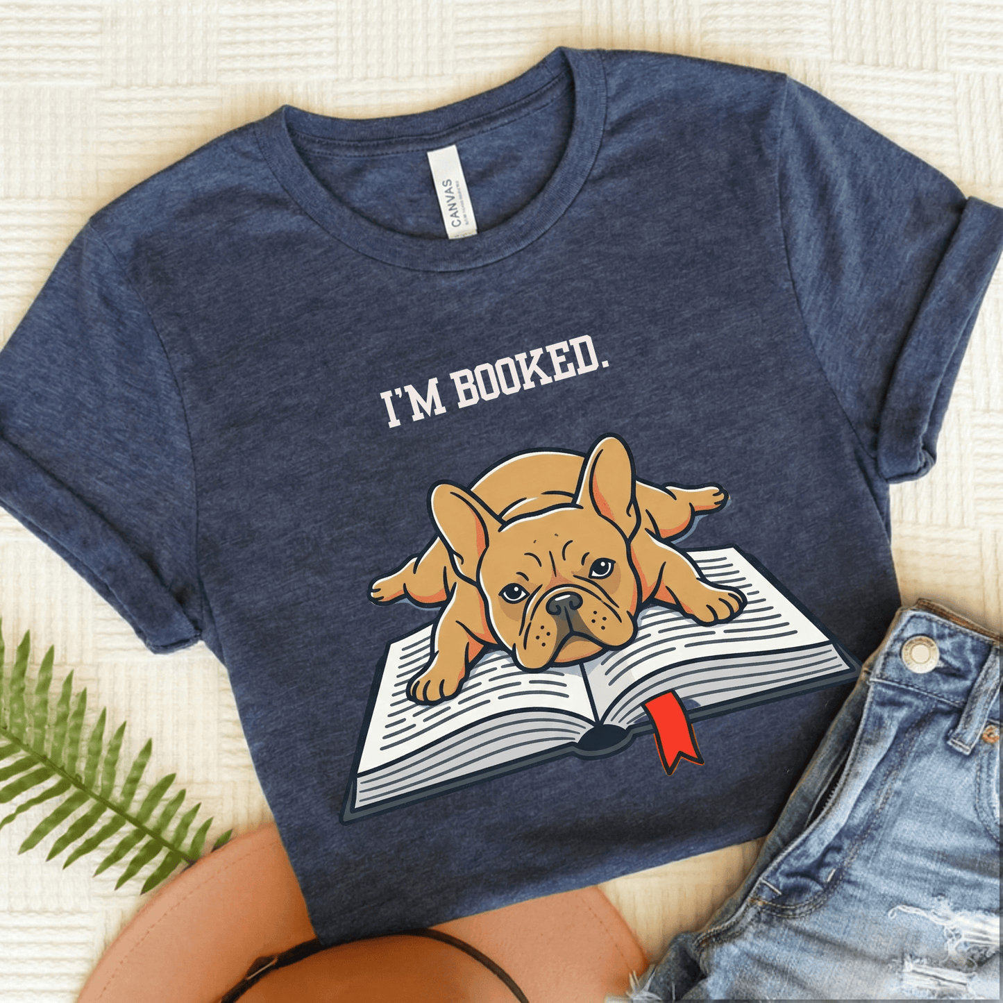 Fawn French Bulldog Booked Up Unisex TShirt Heather Navy