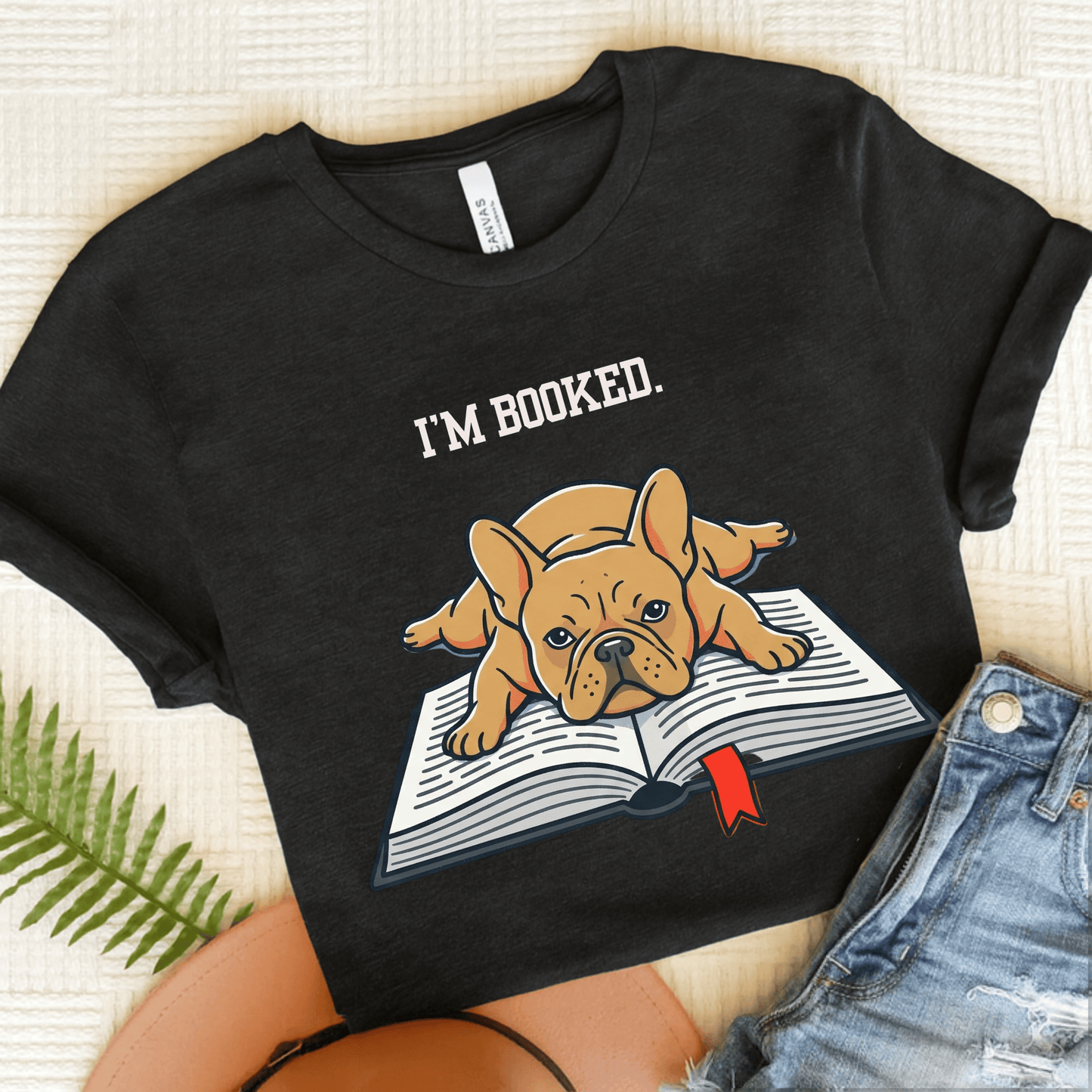 Fawn French Bulldog Booked Up Unisex TShirt Dark Grey Heather