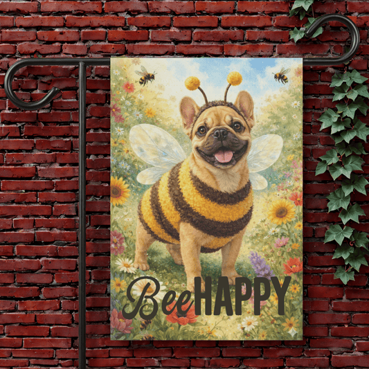 Fawn French Bulldog Bumble Bee Happy Garden Flag 12'' × 18''