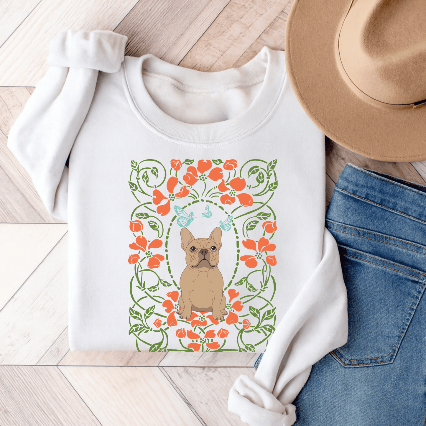 Fawn French Bulldog Butterfly Frame Sweatshirt White