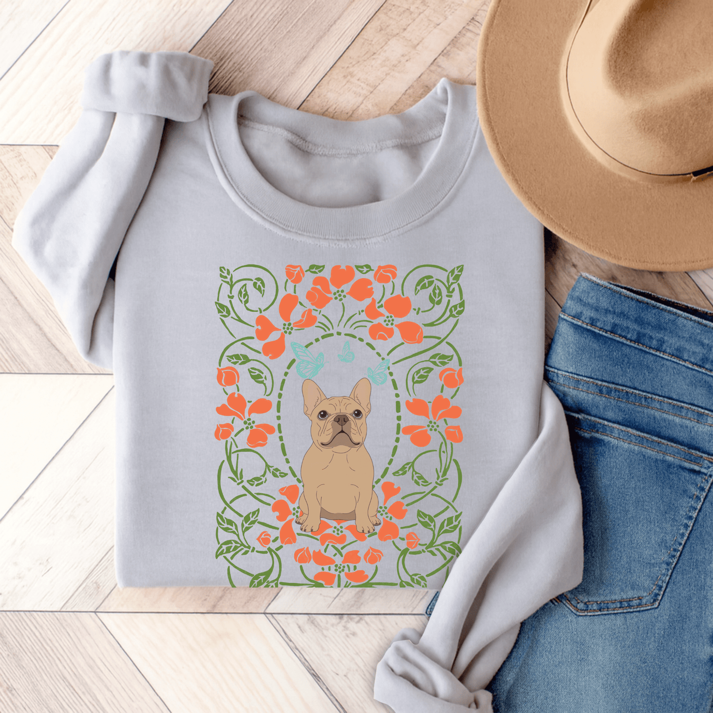 Fawn French Bulldog Butterfly Frame Sweatshirt Ash