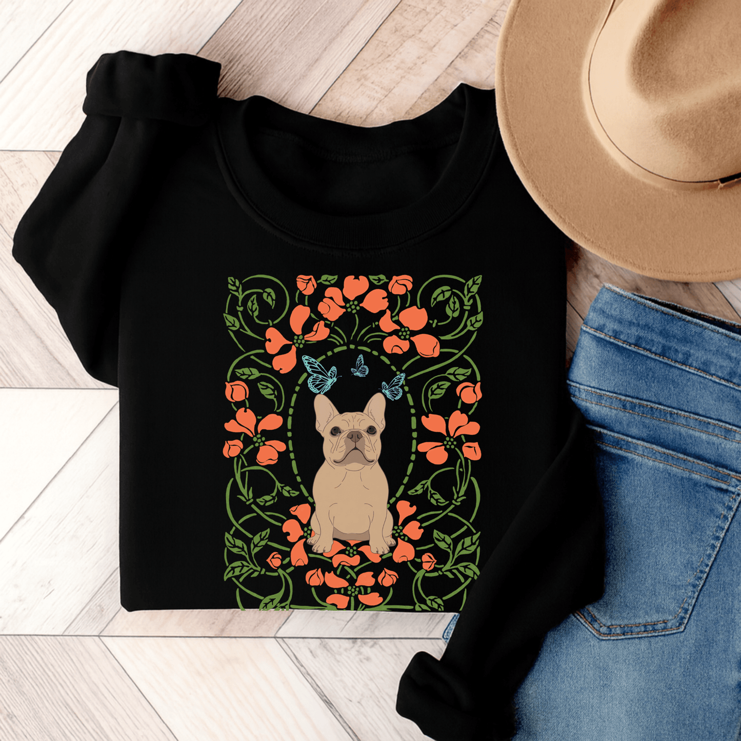 Fawn French Bulldog Butterfly Frame Sweatshirt Black