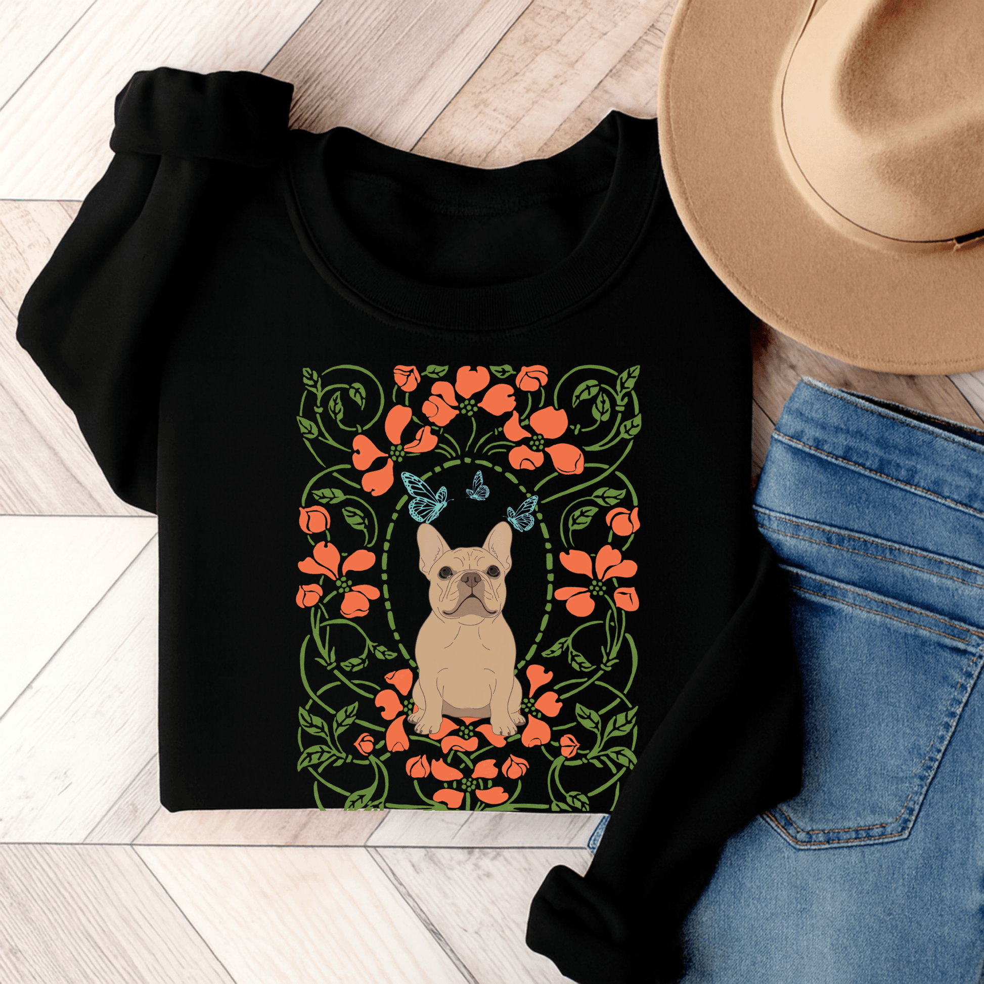 Fawn French Bulldog Butterfly Frame Sweatshirt Black