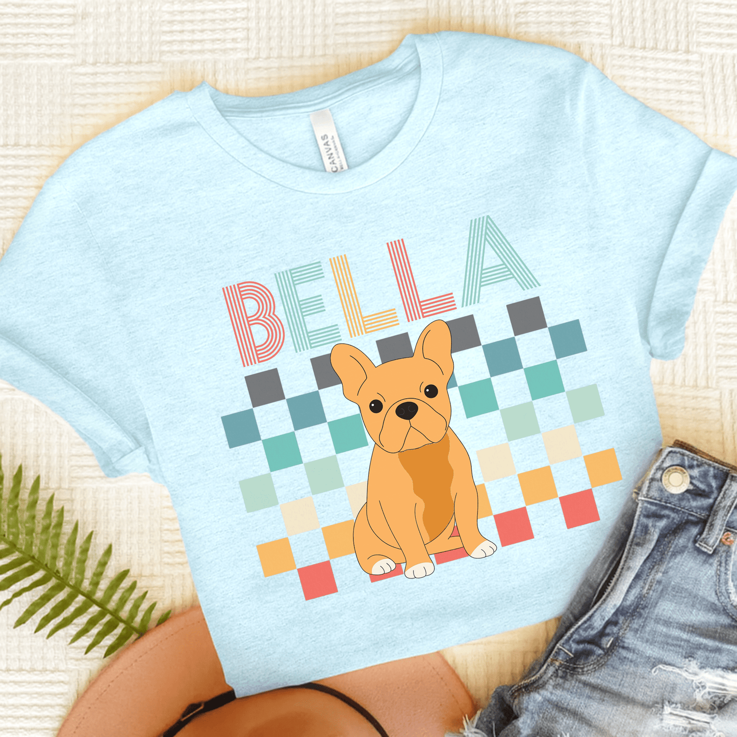 Printify T-Shirt Heather Ice Blue / S Fawn French Bulldog Checkered Tee