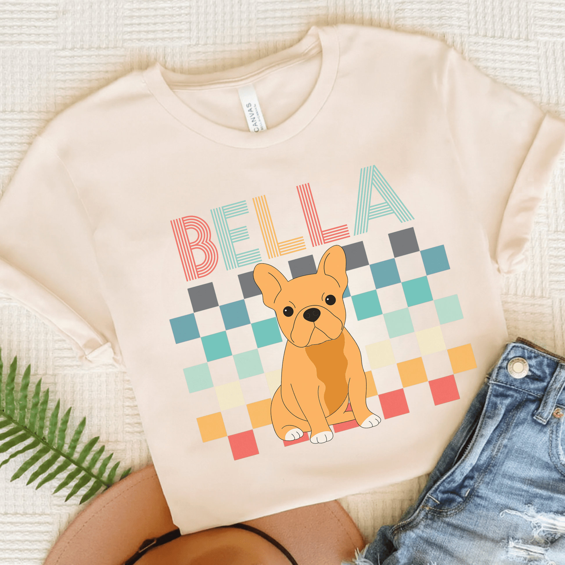 Printify T-Shirt Natural / S Fawn French Bulldog Checkered Tee