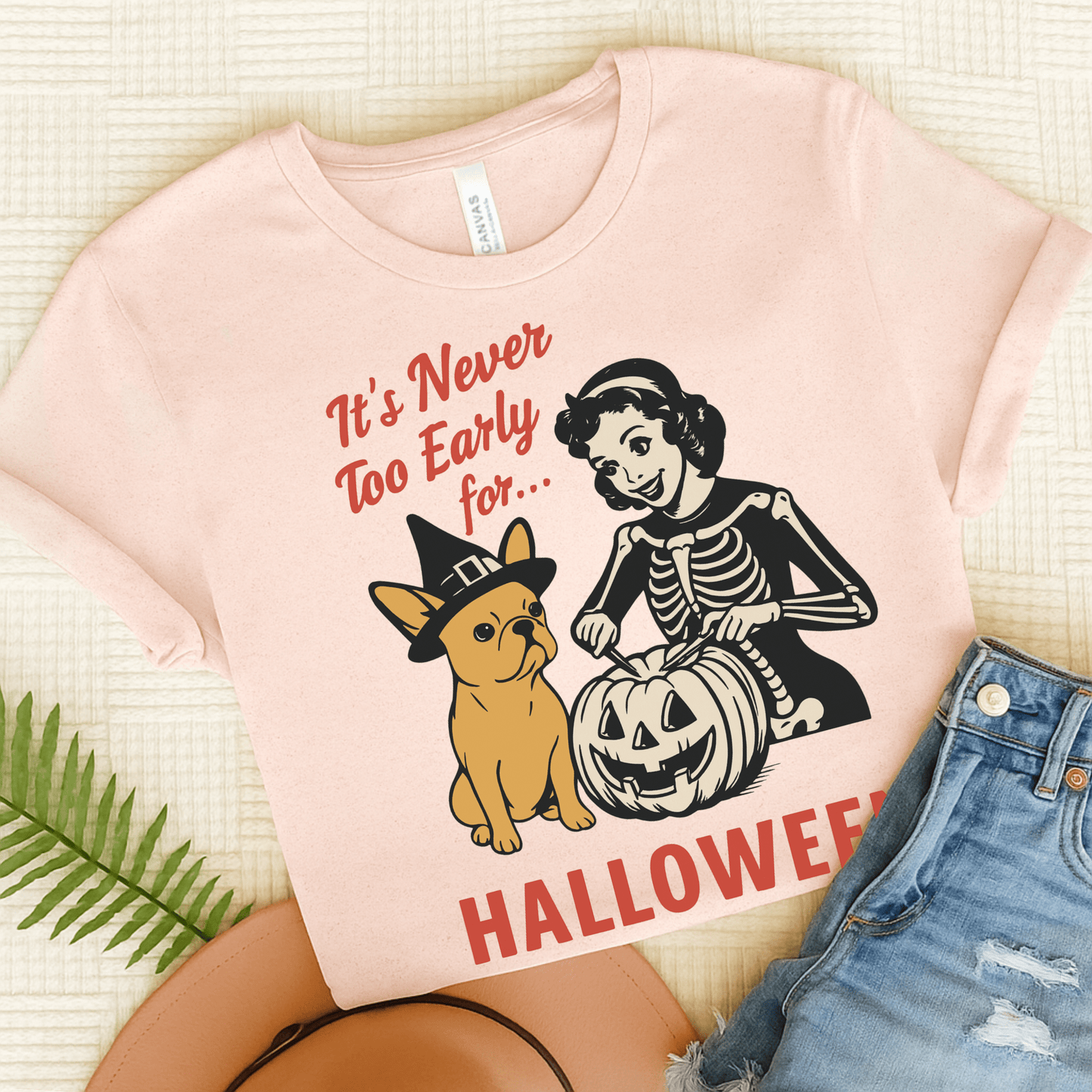 Fawn French Bulldog Early Halloween TShirt Soft Pink