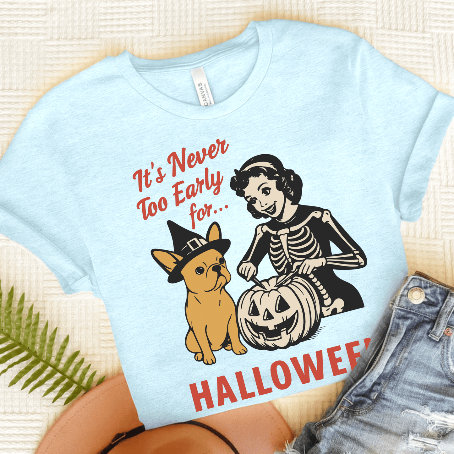 Fawn French Bulldog Early Halloween TShirt Heather Ice Blue