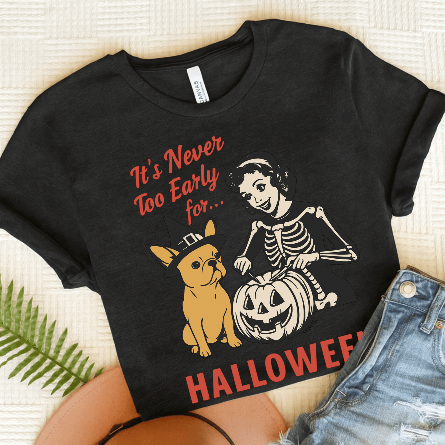 Fawn French Bulldog Early Halloween TShirt Black Heather
