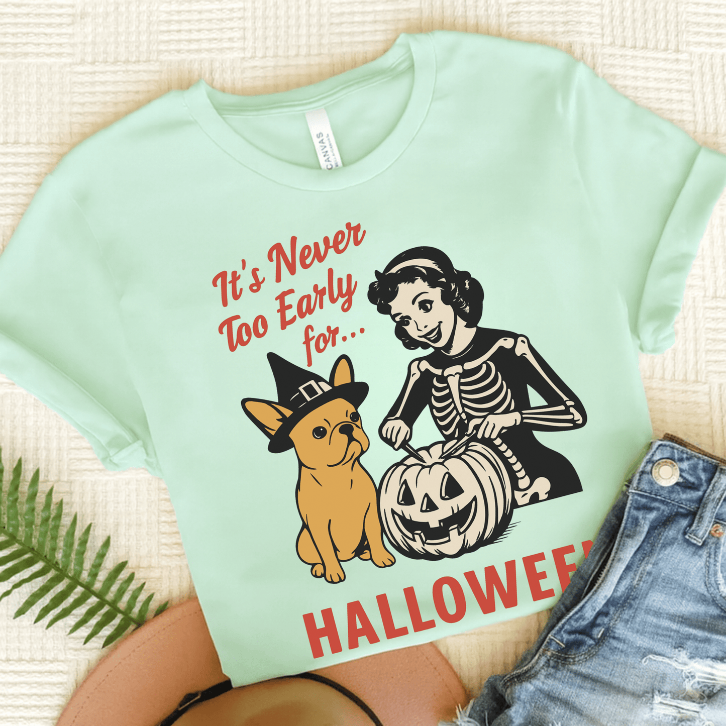 Fawn French Bulldog Early Halloween TShirt Heather Mint