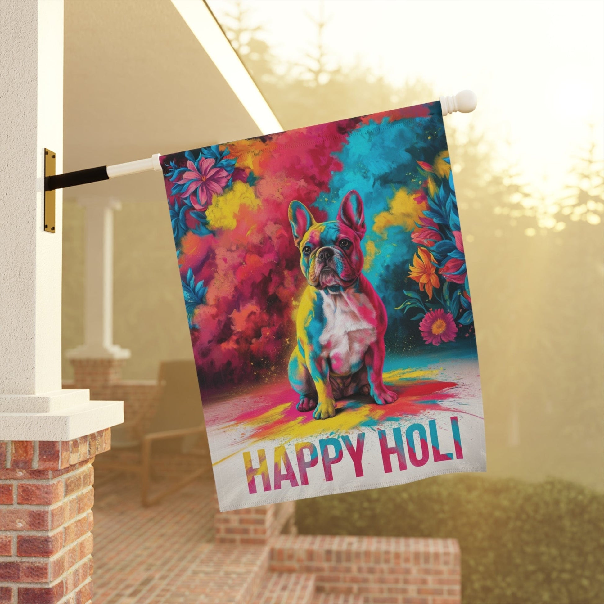 Printify Home Decor Fawn French Bulldog, Holi Garden Flag, Indian Festival Funny Dog Lovers Yard Outside Decor