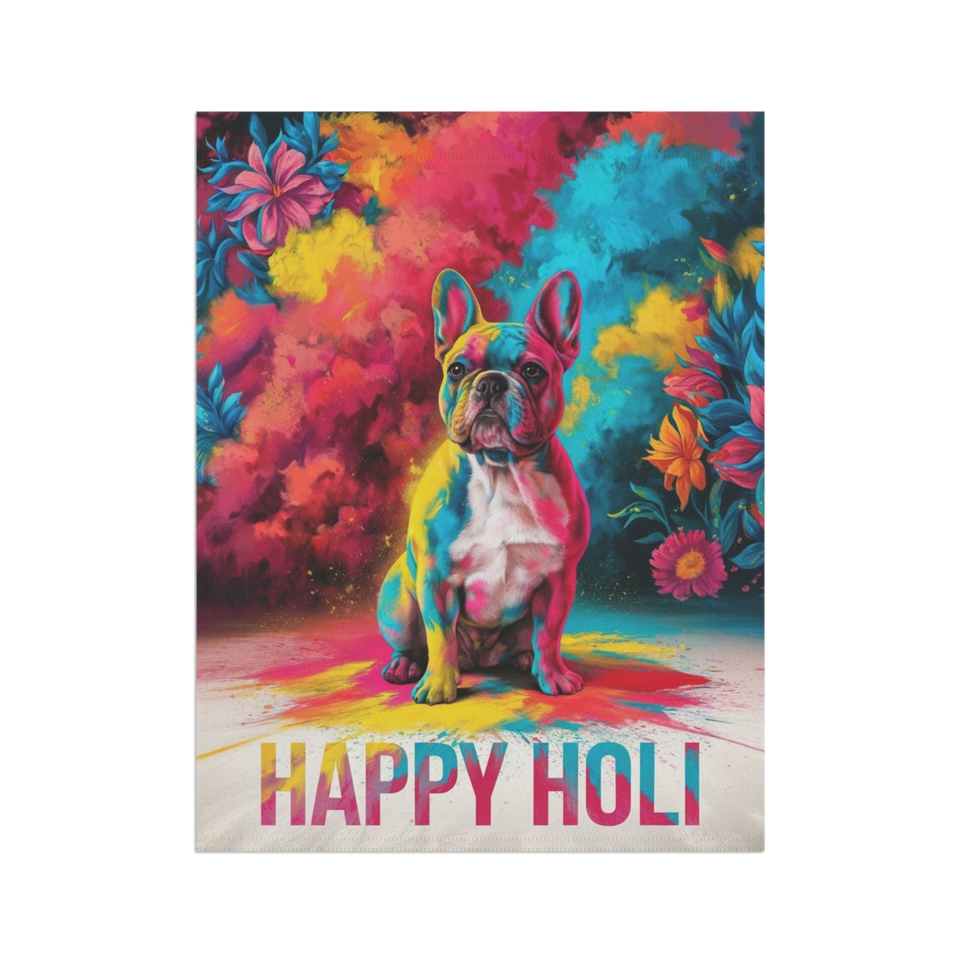 Printify Home Decor Fawn French Bulldog, Holi Garden Flag, Indian Festival Funny Dog Lovers Yard Outside Decor