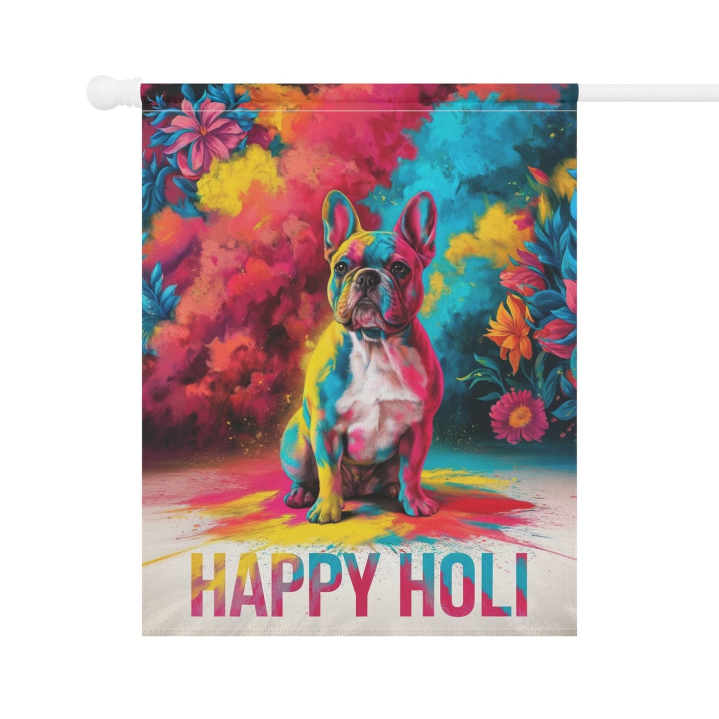 Printify Home Decor Fawn French Bulldog, Holi Garden Flag, Indian Festival Funny Dog Lovers Yard Outside Decor