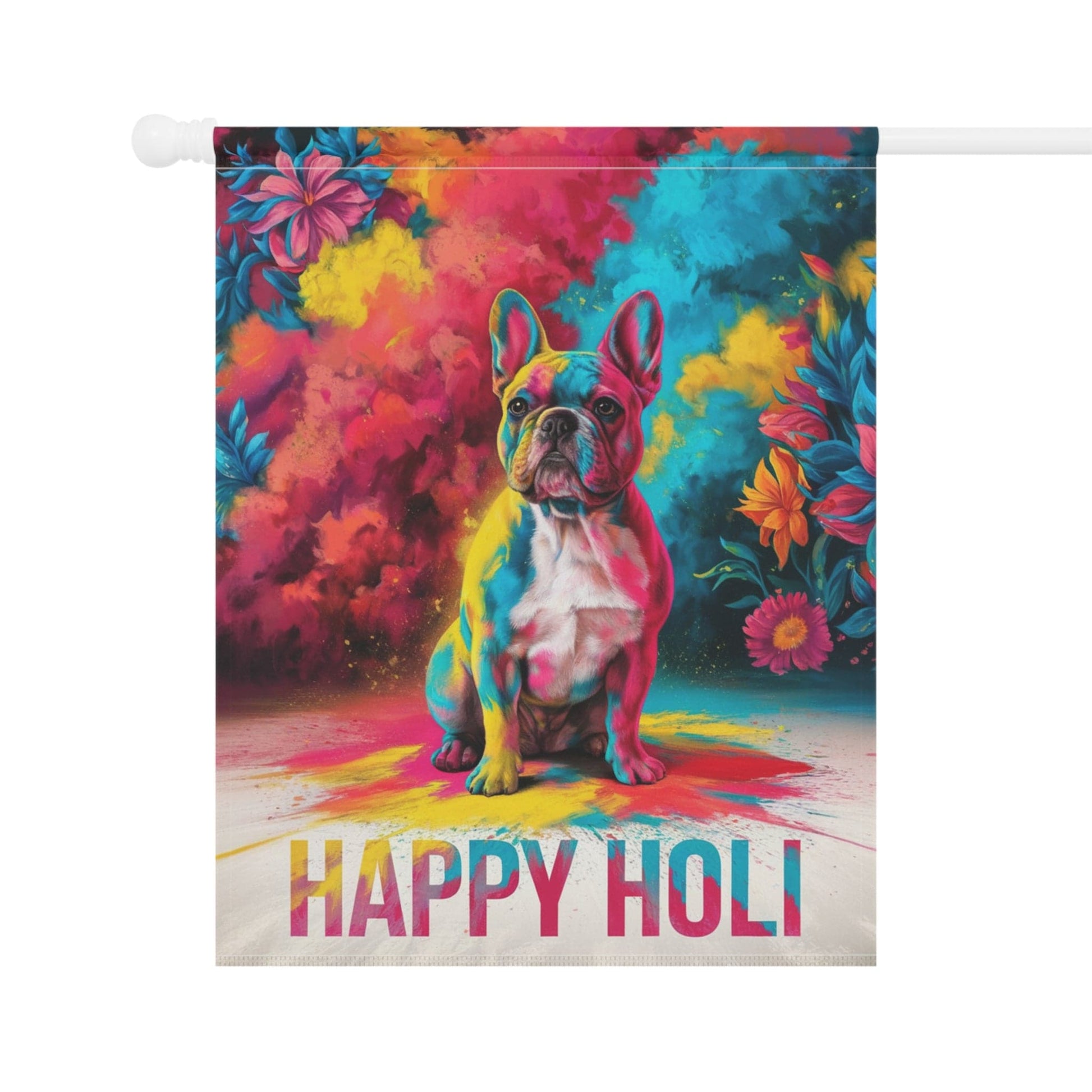 Printify Home Decor Fawn French Bulldog, Holi Garden Flag, Indian Festival Funny Dog Lovers Yard Outside Decor