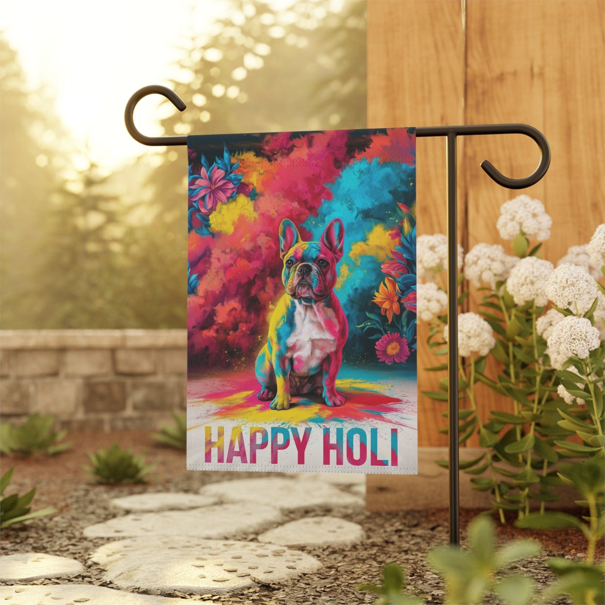 Printify Home Decor Fawn French Bulldog, Holi Garden Flag, Indian Festival Funny Dog Lovers Yard Outside Decor