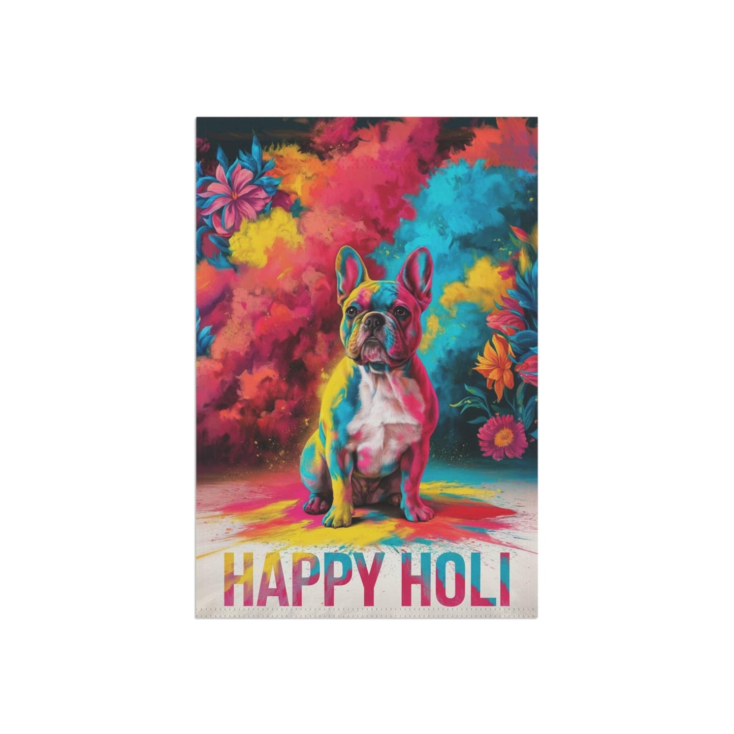 Printify Home Decor Fawn French Bulldog, Holi Garden Flag, Indian Festival Funny Dog Lovers Yard Outside Decor