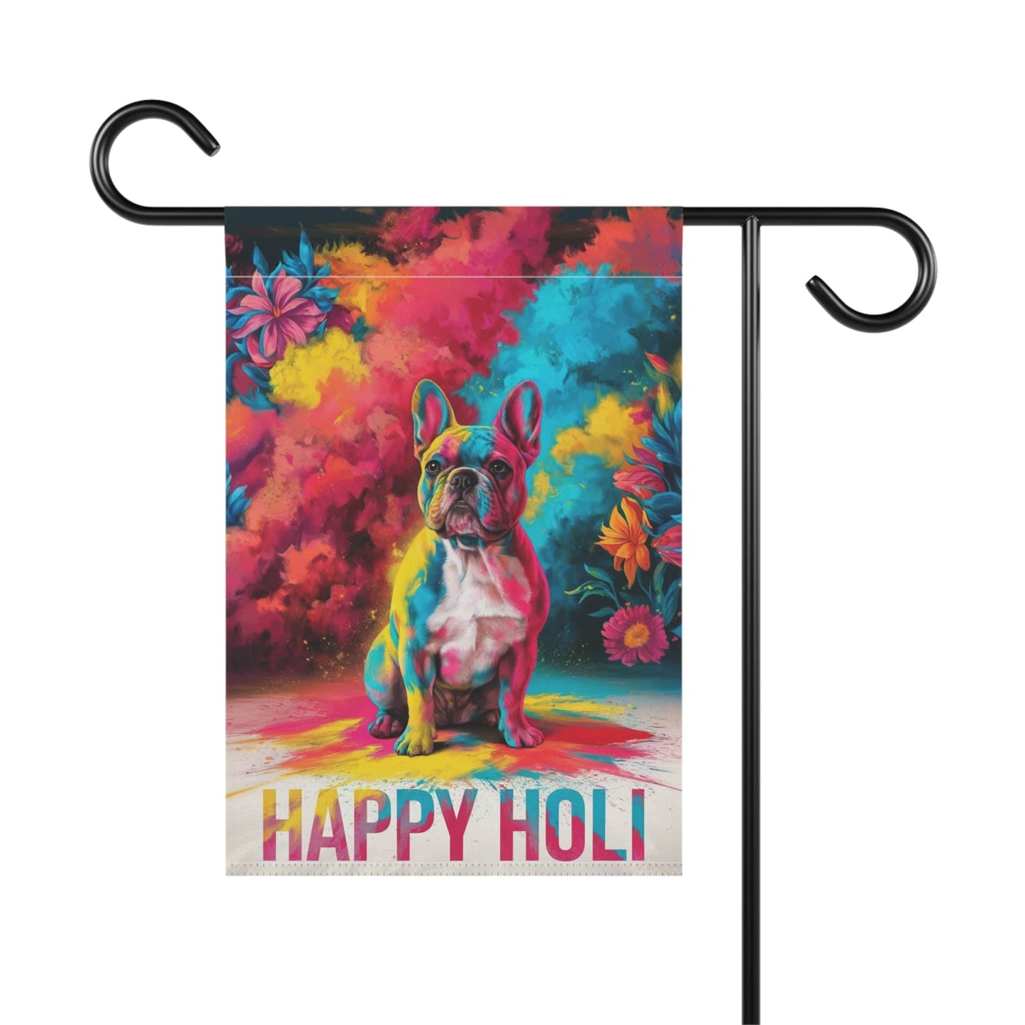 Printify Home Decor Fawn French Bulldog, Holi Garden Flag, Indian Festival Funny Dog Lovers Yard Outside Decor