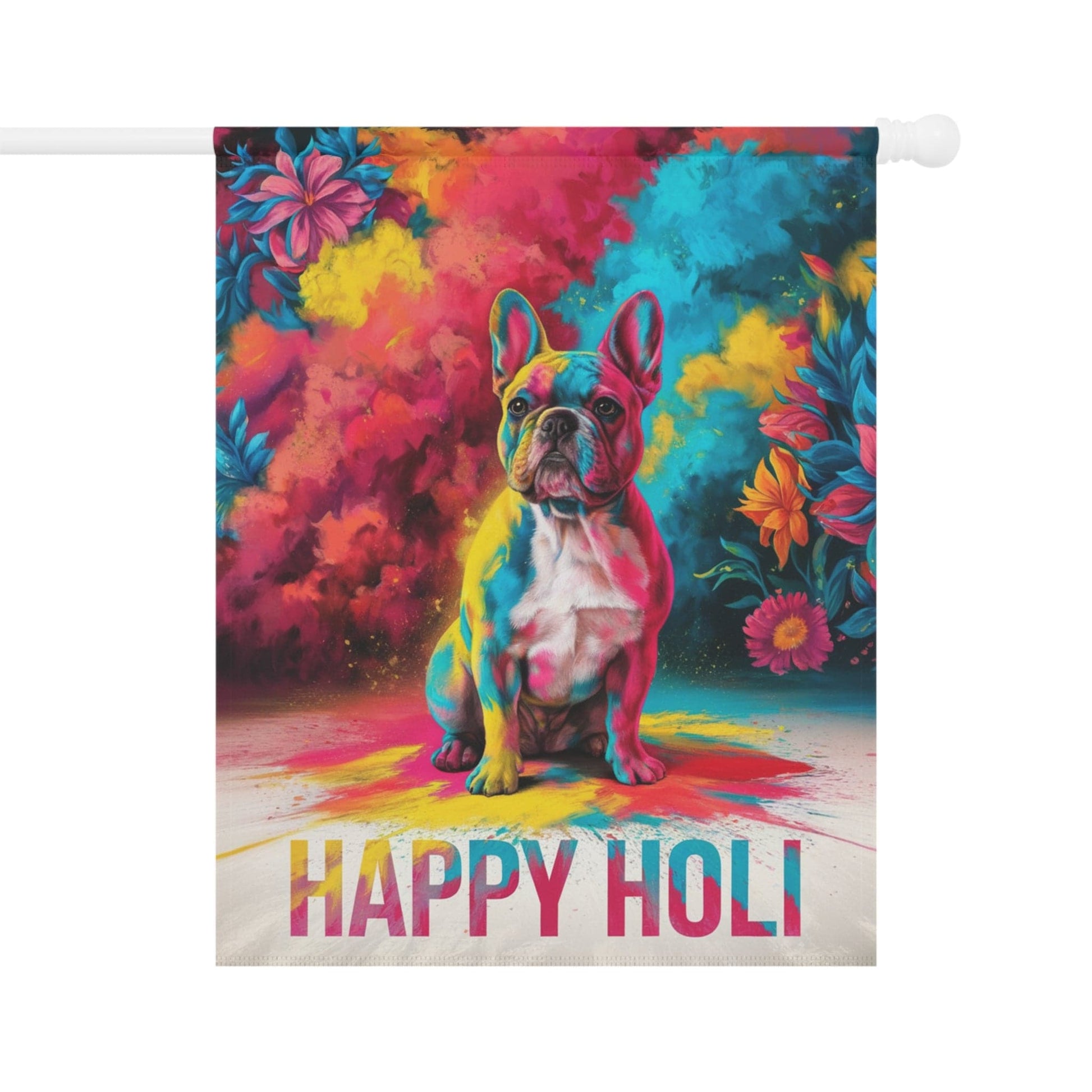 Printify Home Decor 24.5'' × 32'' Fawn French Bulldog, Holi Garden Flag, Indian Festival Funny Dog Lovers Yard Outside Decor