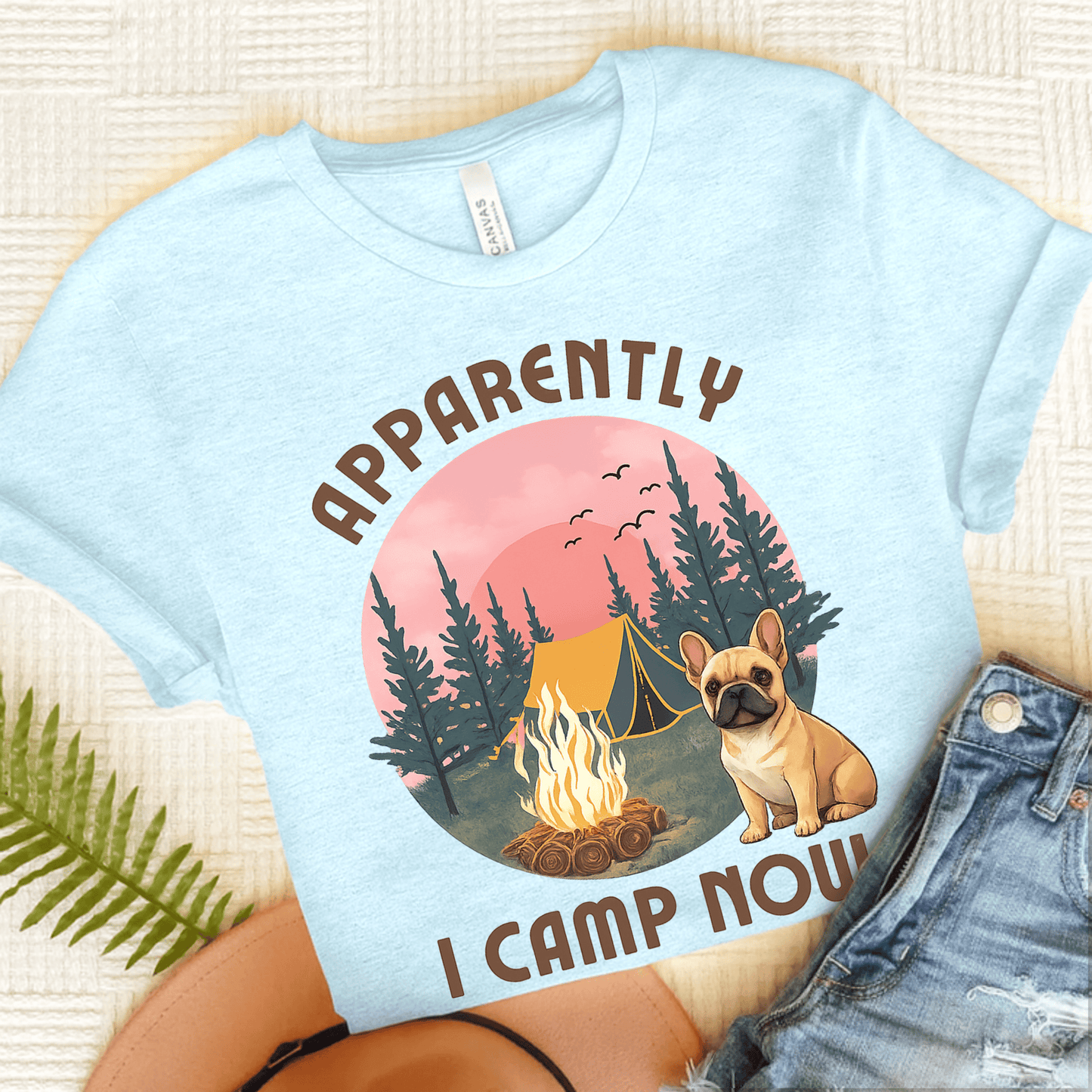 Fawn French Bulldog I Camp Now Unisex TShirt Heather Ice Blue