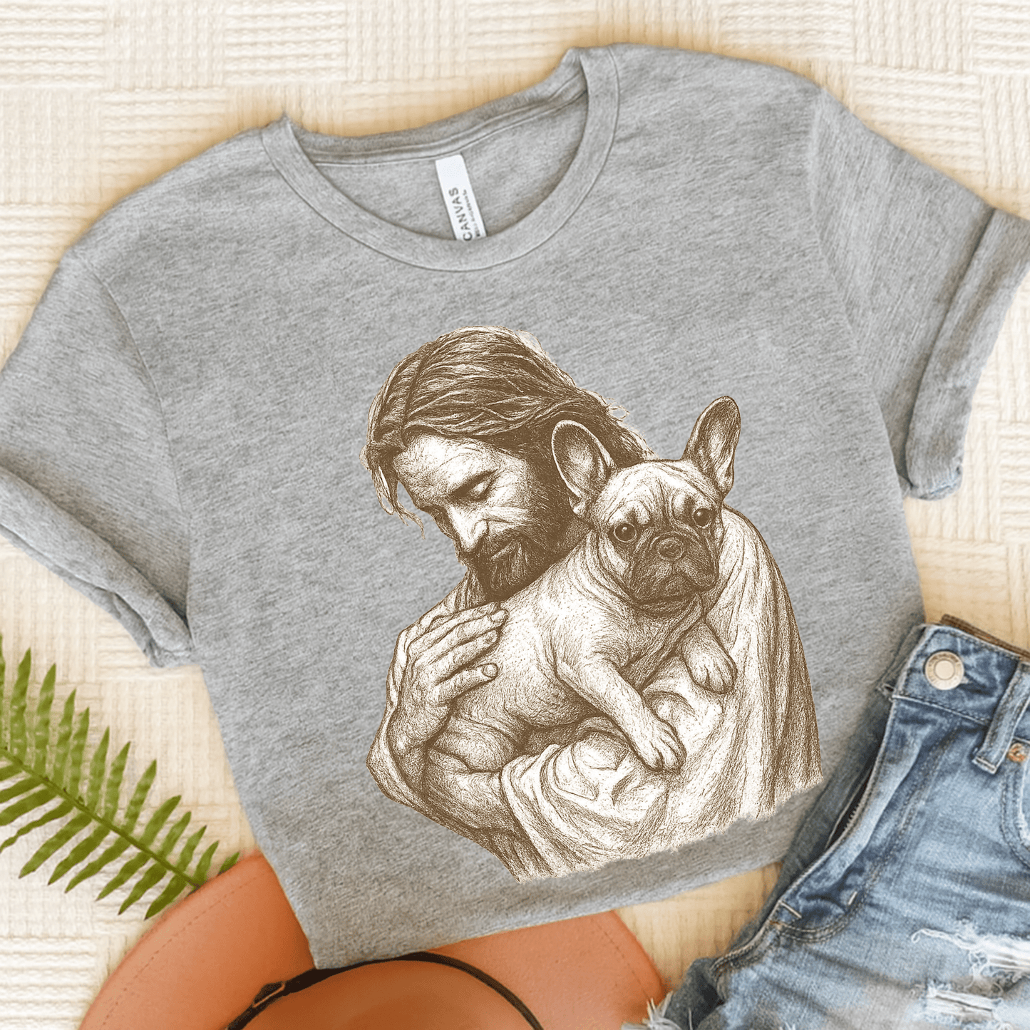 Fawn French Bulldog Jesus TShirt Athletic Heather