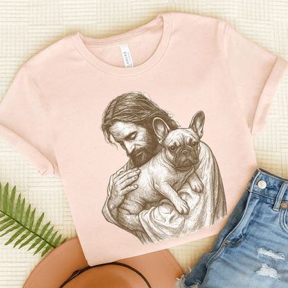 Fawn French Bulldog Jesus TShirt Soft Pink