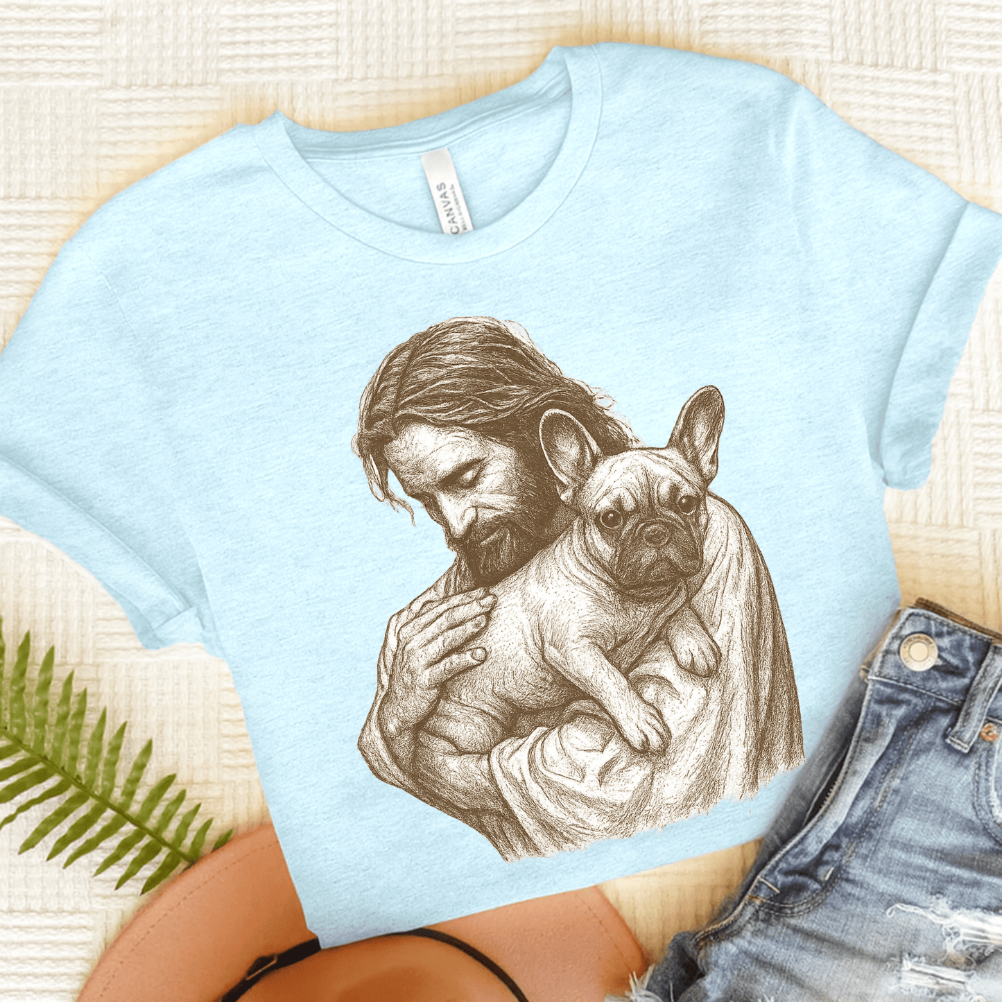 Fawn French Bulldog Jesus TShirt Heather Ice Blue