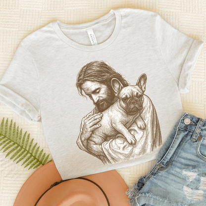 Fawn French Bulldog Jesus TShirt Ash