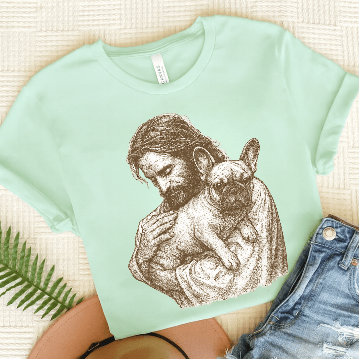 Fawn French Bulldog Jesus TShirt Heather Mint