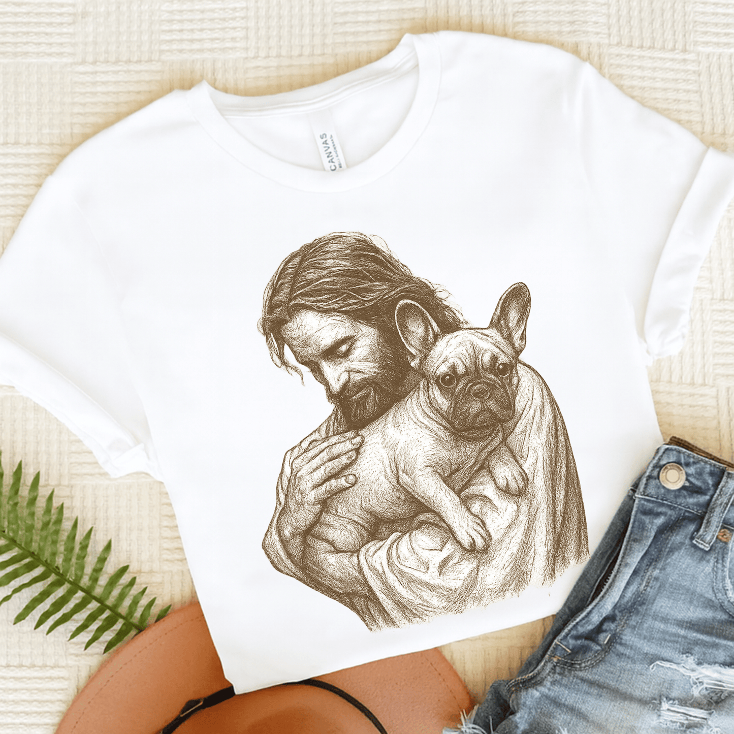 Fawn French Bulldog Jesus TShirt White