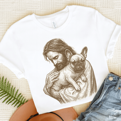 Fawn French Bulldog Jesus TShirt White
