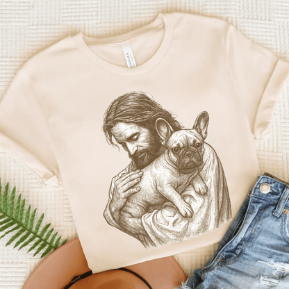 Fawn French Bulldog Jesus TShirt Natural