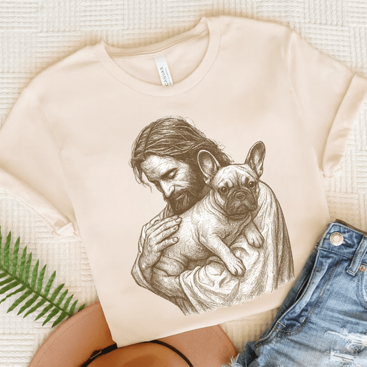 Fawn French Bulldog Jesus TShirt Natural
