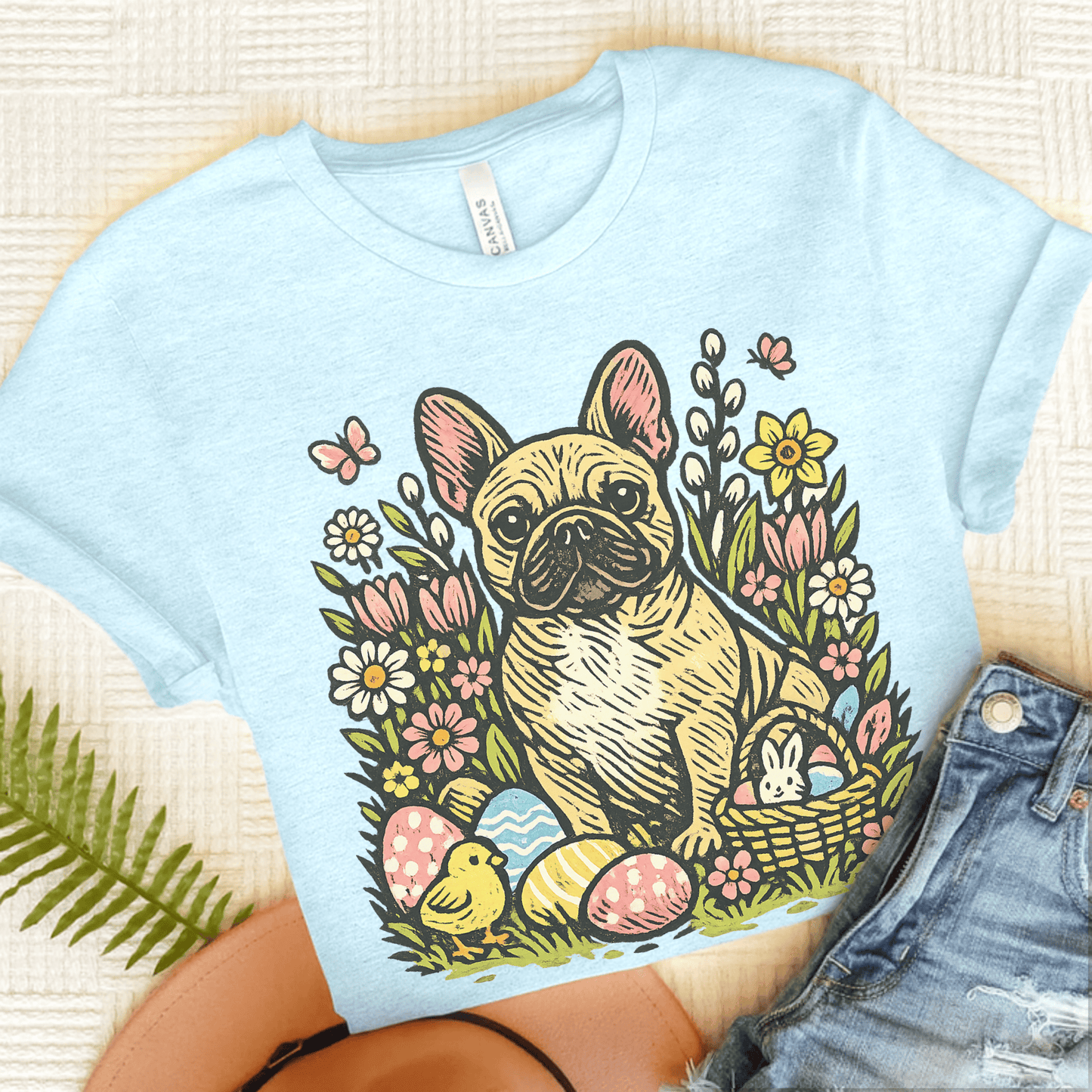 Fawn French Bulldog Linocut Easter Unisex TShirt Heather Ice Blue