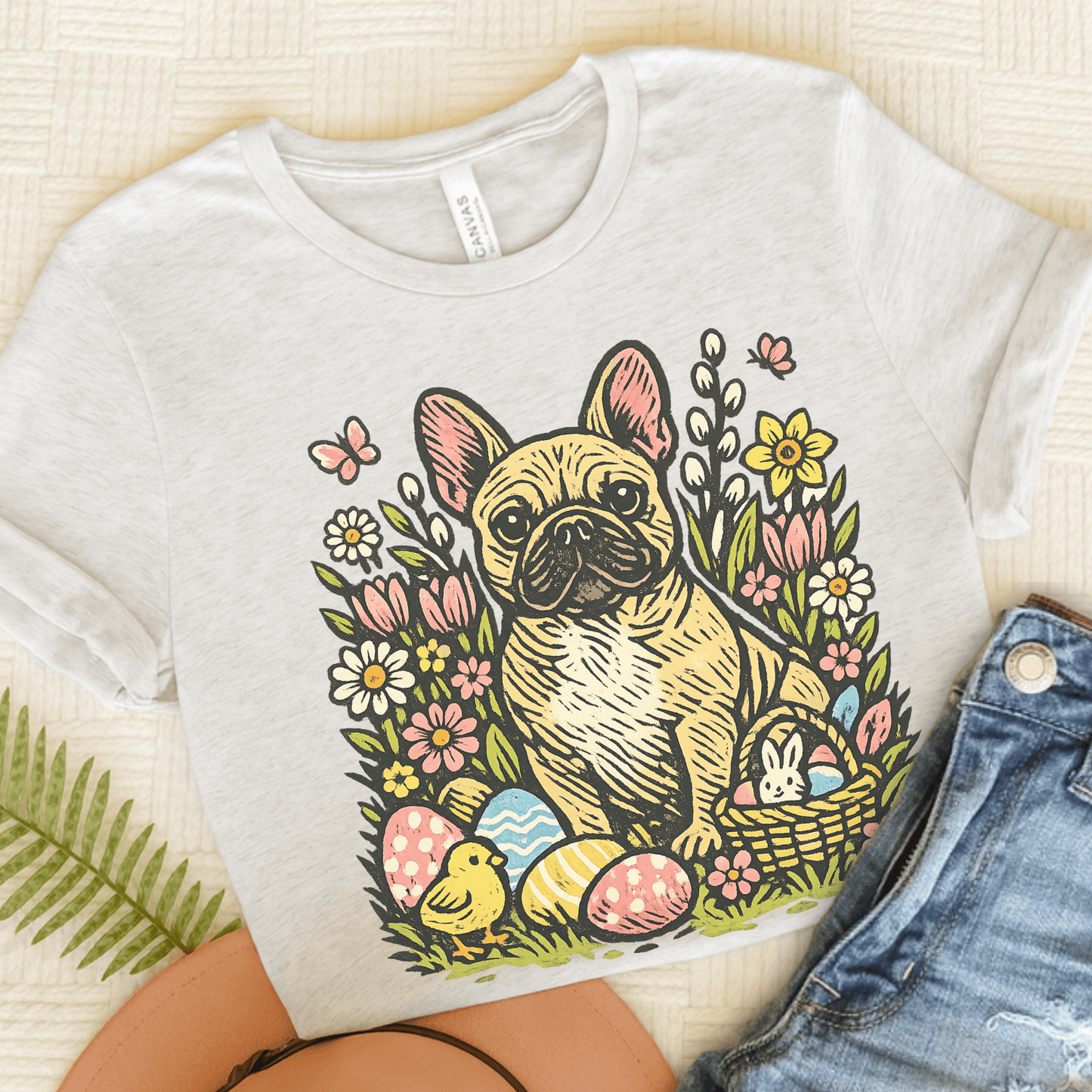 Fawn French Bulldog Linocut Easter Unisex TShirt Ash