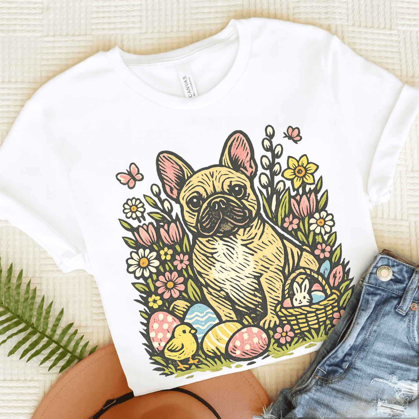 Fawn French Bulldog Linocut Easter Unisex TShirt White