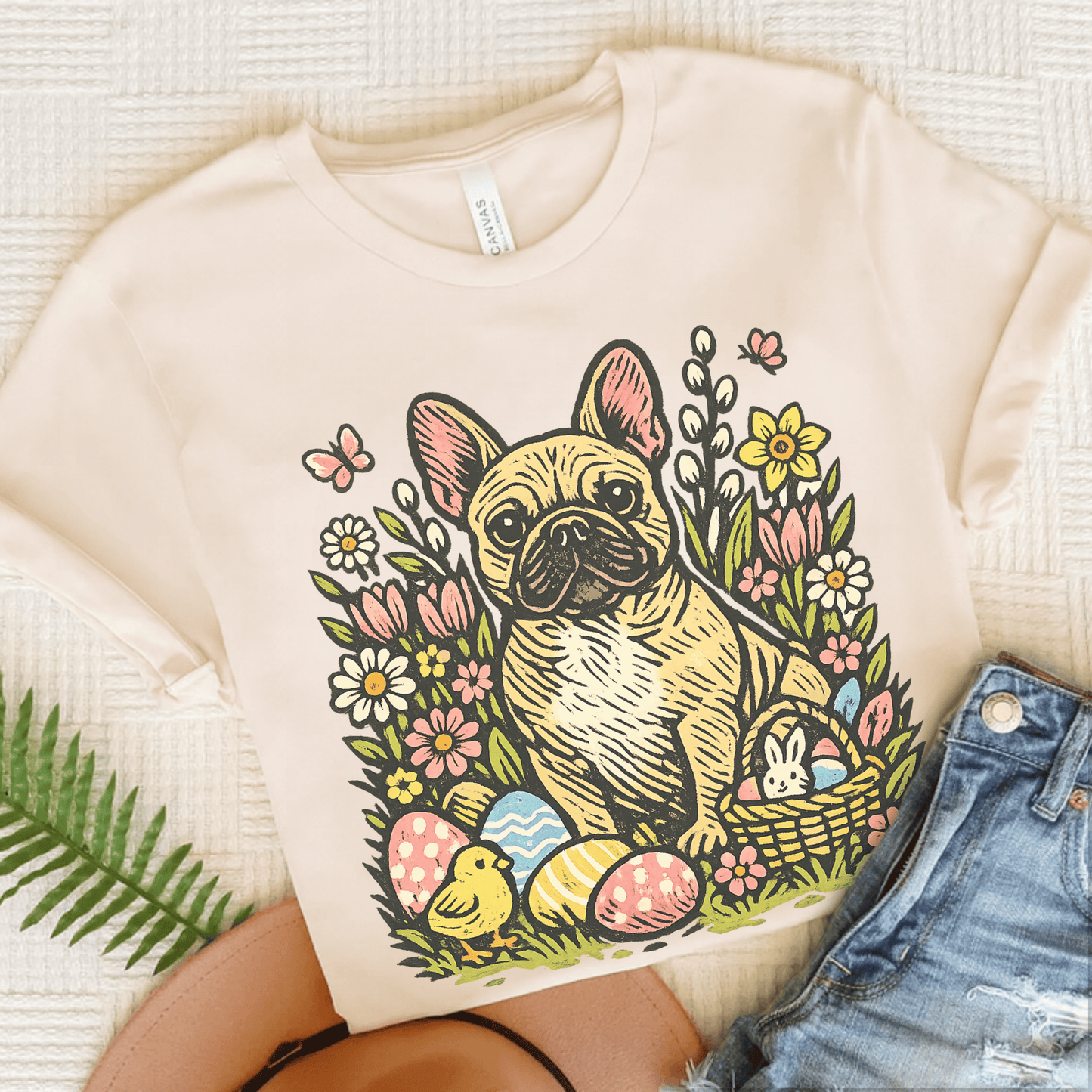 Fawn French Bulldog Linocut Easter Unisex TShirt Natural