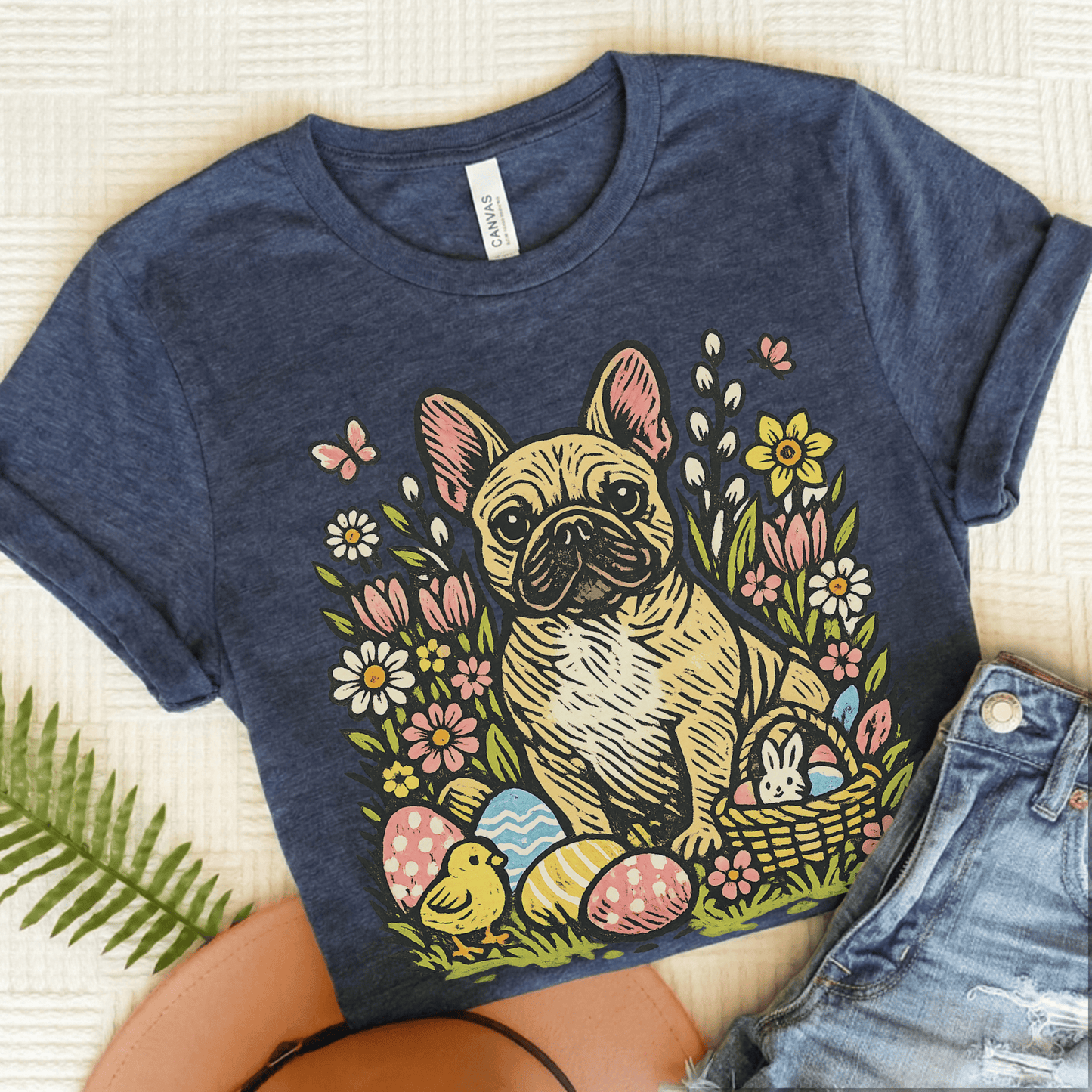 Fawn French Bulldog Linocut Easter Unisex TShirt Heather Navy