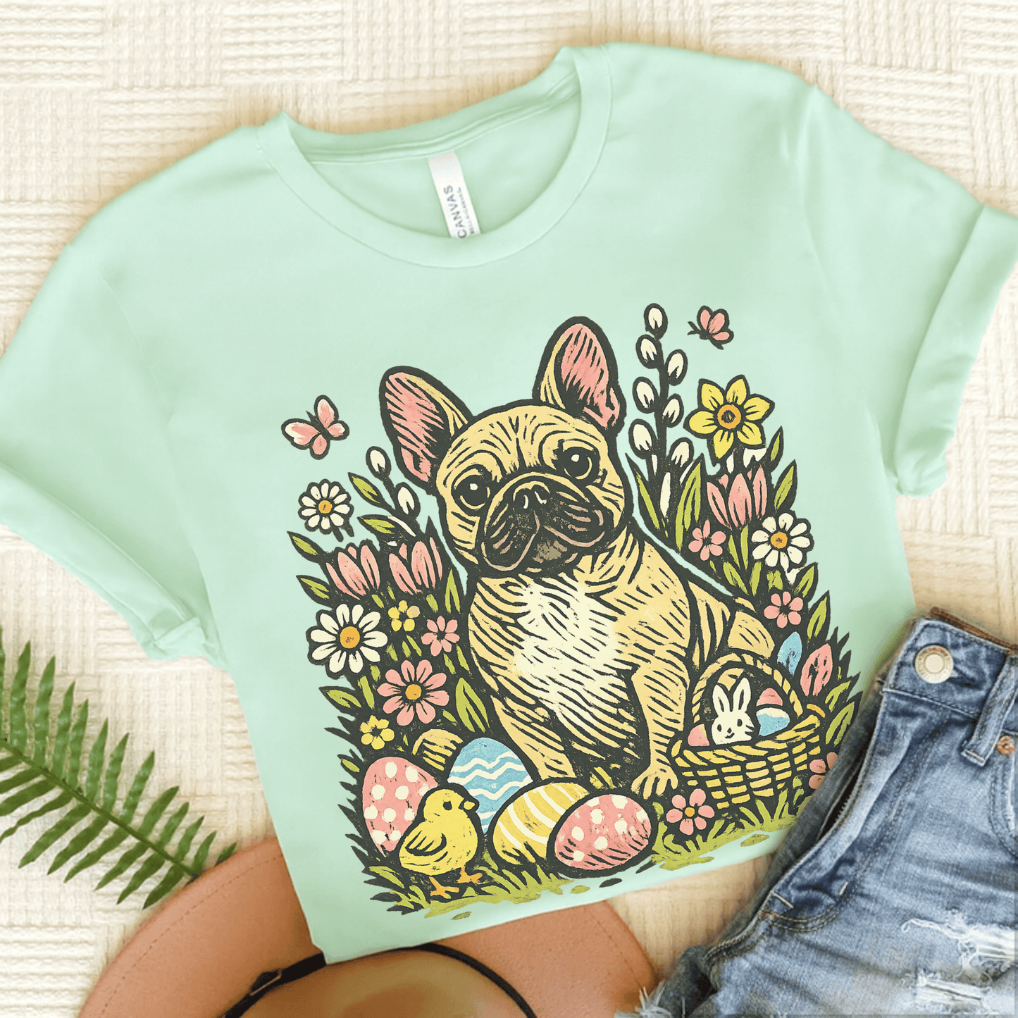 Fawn French Bulldog Linocut Easter Unisex TShirt Heather Mint