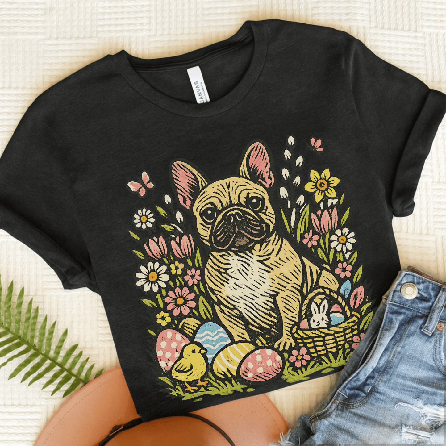 Fawn French Bulldog Linocut Easter Unisex TShirt Dark Grey Heather